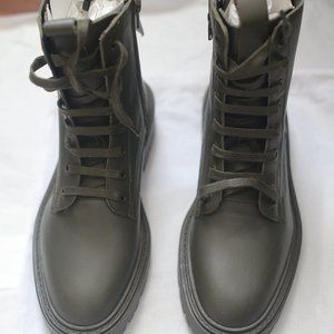 NWT LOW HEEL LACED genuine LEATHER ANKLE KHAKI GREEN BOOTS.